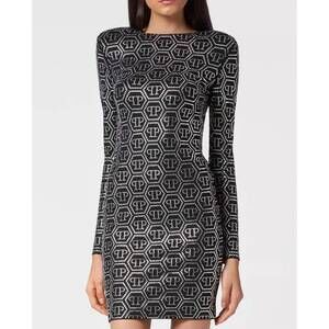 NEW PHILIPP PLEIN long sleeve monogram mini dress in black